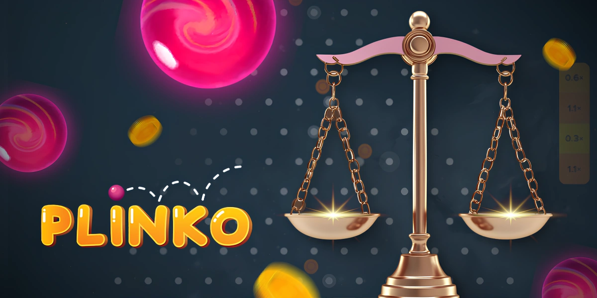 Bolas de Plinko y una balanza dorada que simbolizan el juego responsable sobre un fondo de tablero de juego.